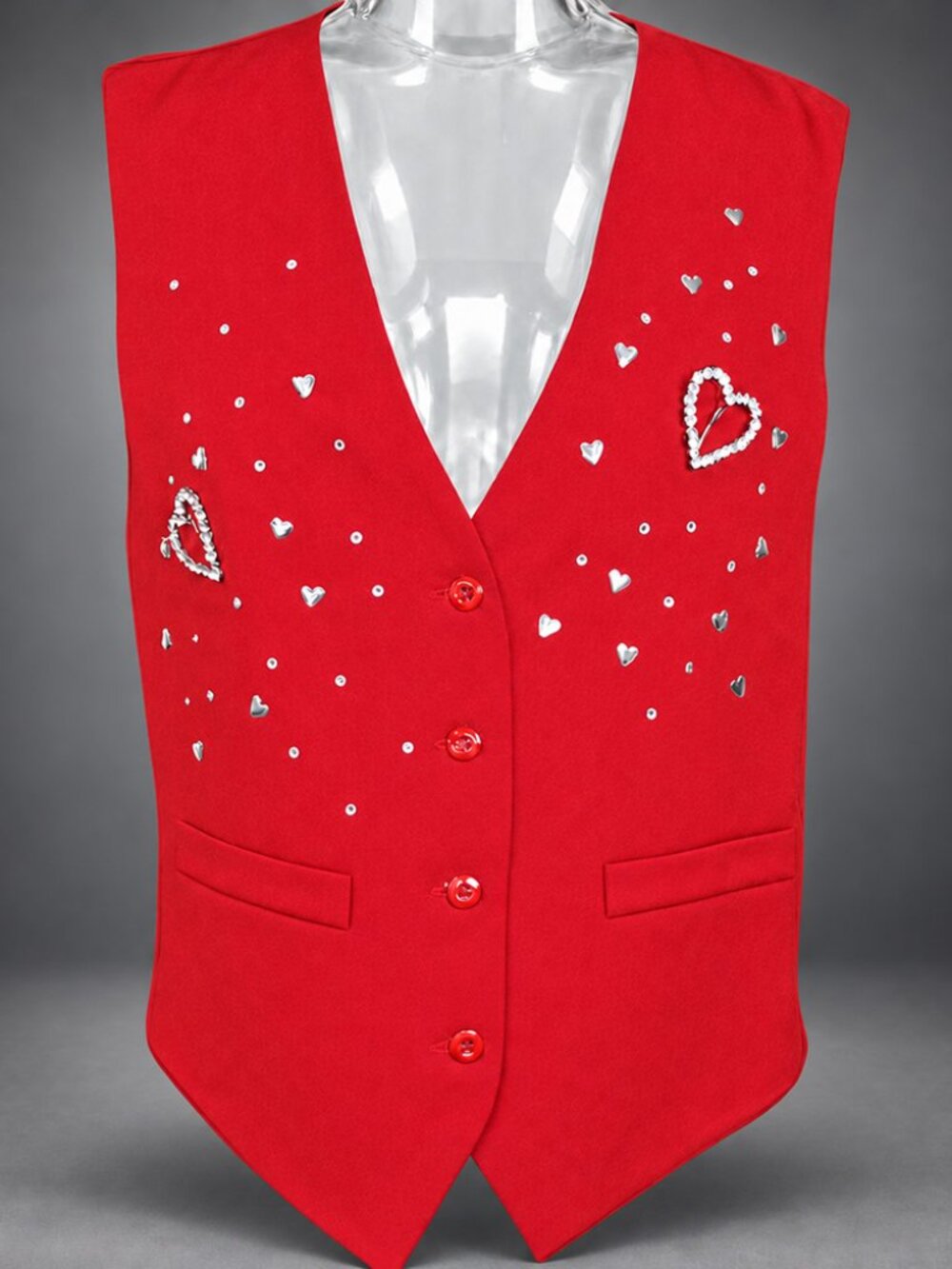 Cache Red Rhinestone Heart Embellished Vest M Button Front Waistcoat